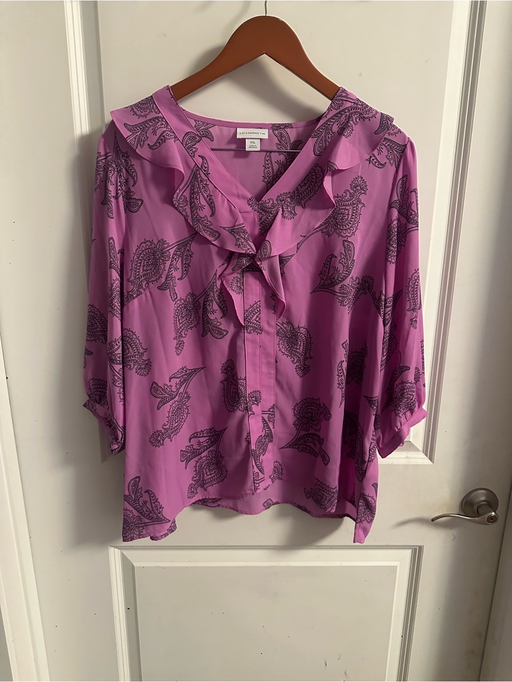 Liz Claiborne Lavender-Pink Paisley Tie-Neck Blouse
